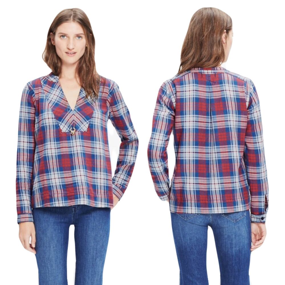 NWOT MADEWELL Top M Plaid Red-White-Blue/Indigo Dyed“Casey”V-Neck Long-Sleeve